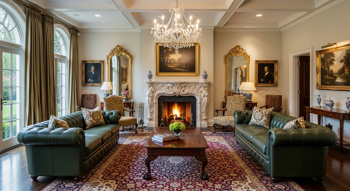 Stately traditional Denver luxury estate interior with a formal living room, fireplace, and classic refined furnishings